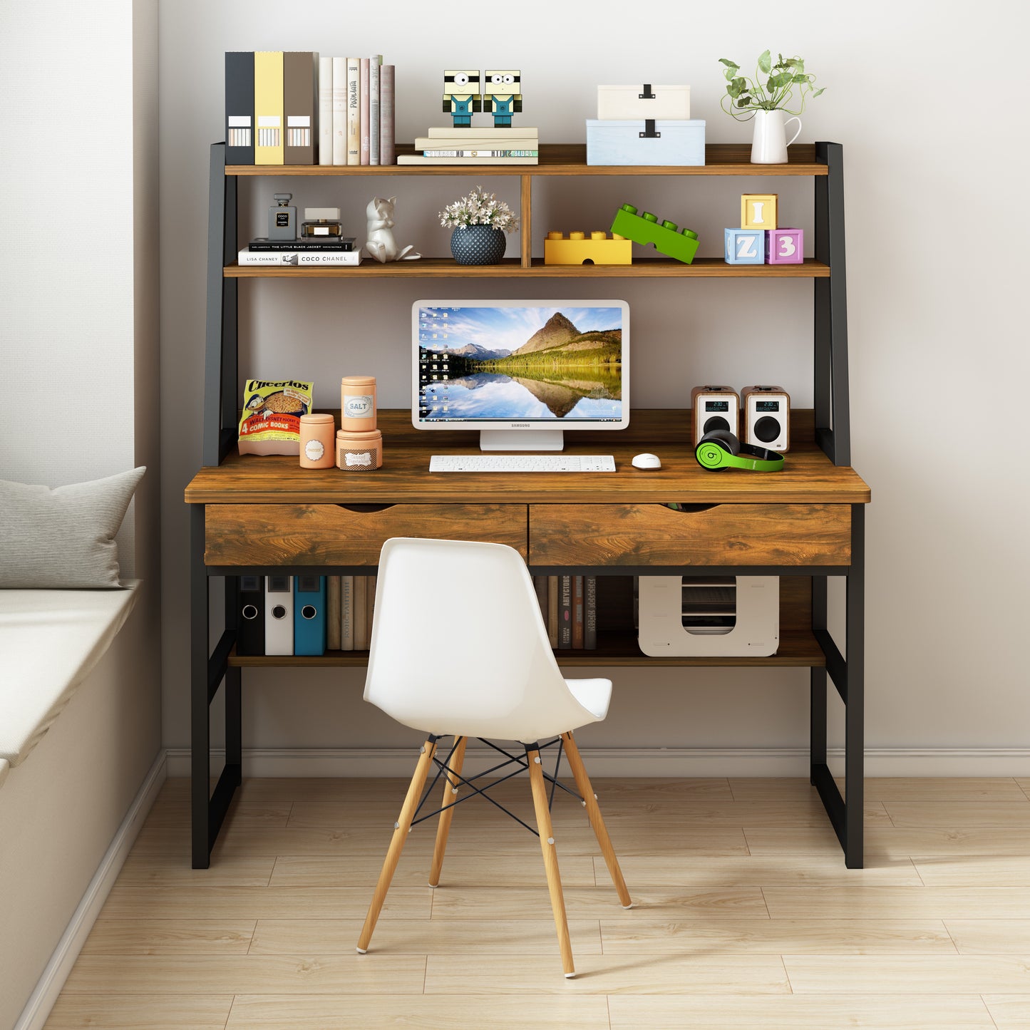 Enterprise Large Computer Desk Workstation with Shelves & Drawers (Rustic Wood)