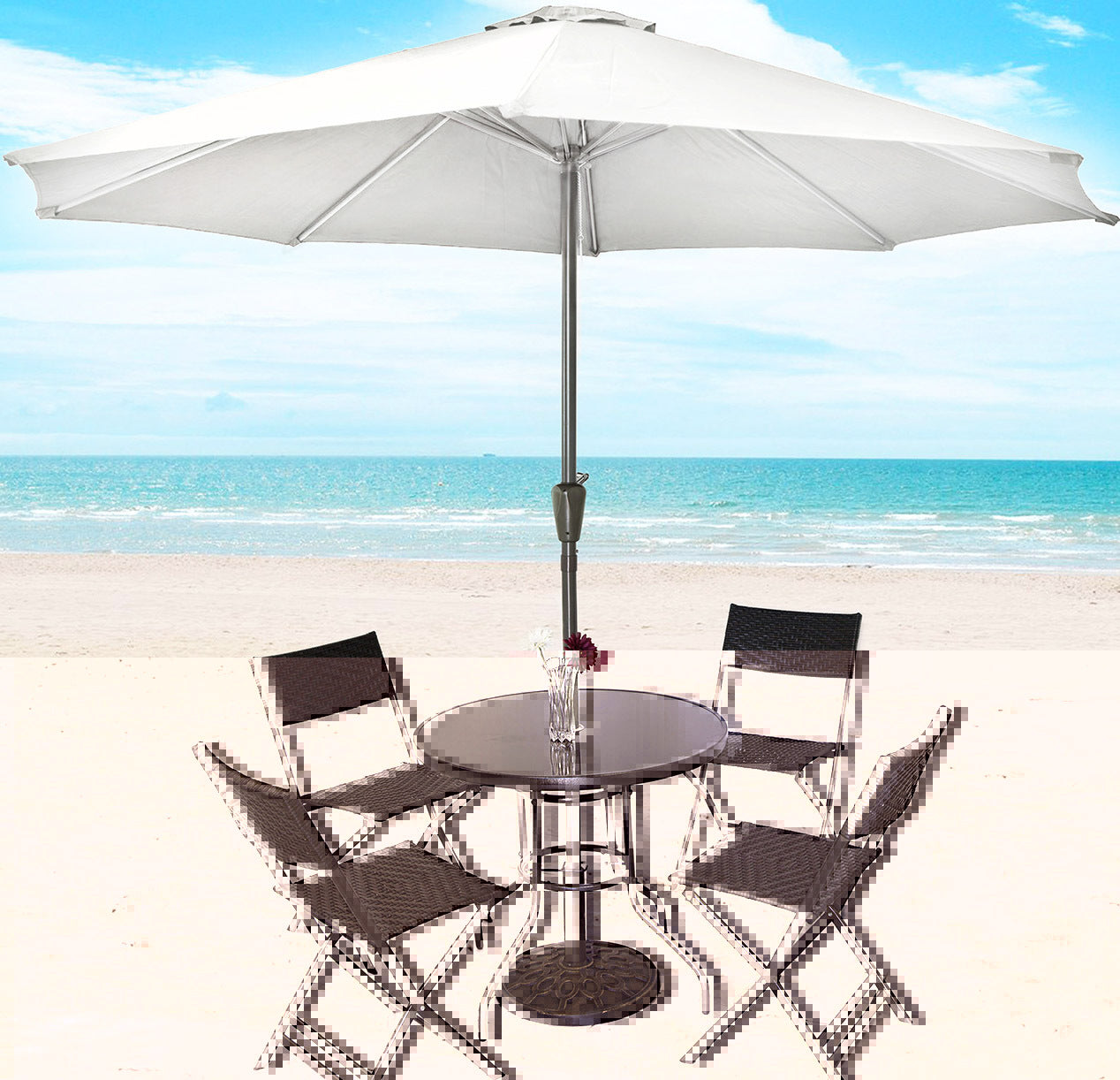 Alfresco 7 Piece Outdoor Setting (White Umbrella & Stand, 4 Rattan Chairs, Round Table)