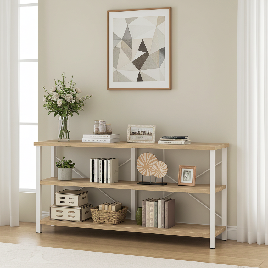 Serenity Industrial Console Table Bookcase TV Stand Storage Shelf Unit (Coastal Oak)