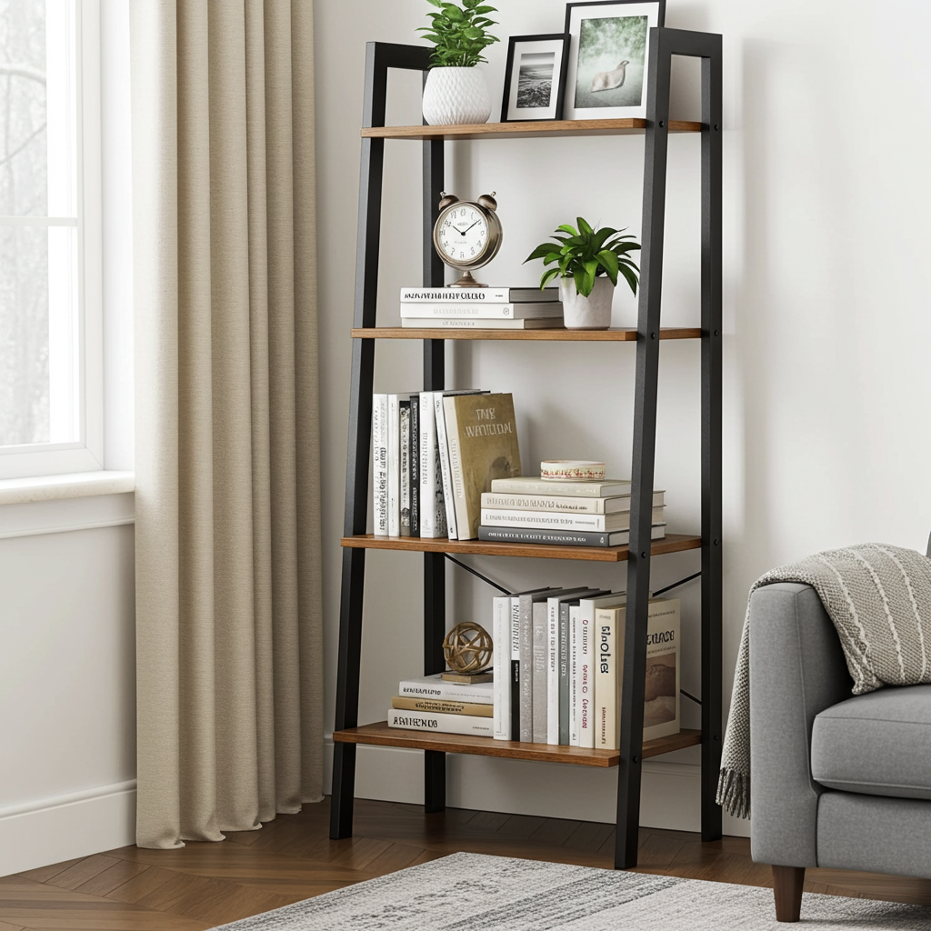 Elevate Rustic Wood & Metal 4-Tier Ladder Shelf Bookcase Storage Organizer