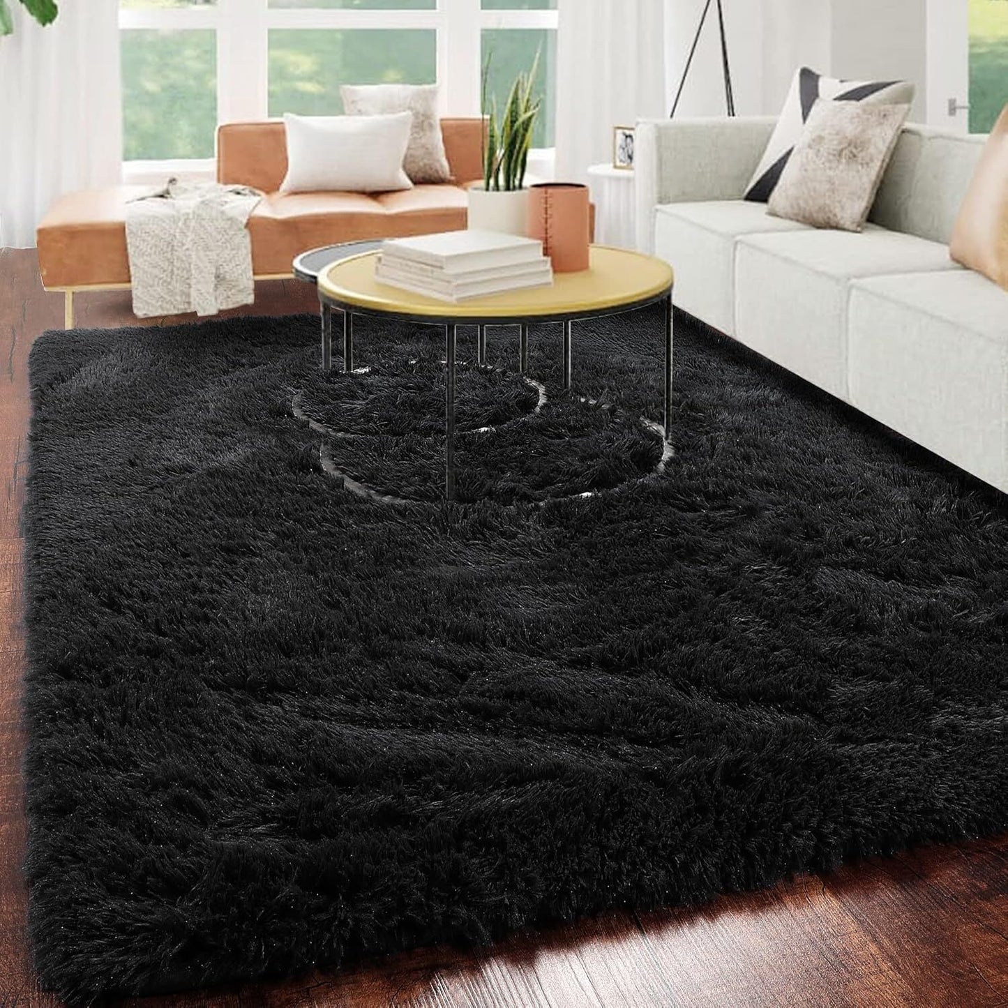 Large Soft Shag Rug Carpet Mat (Black, 230 x 160)