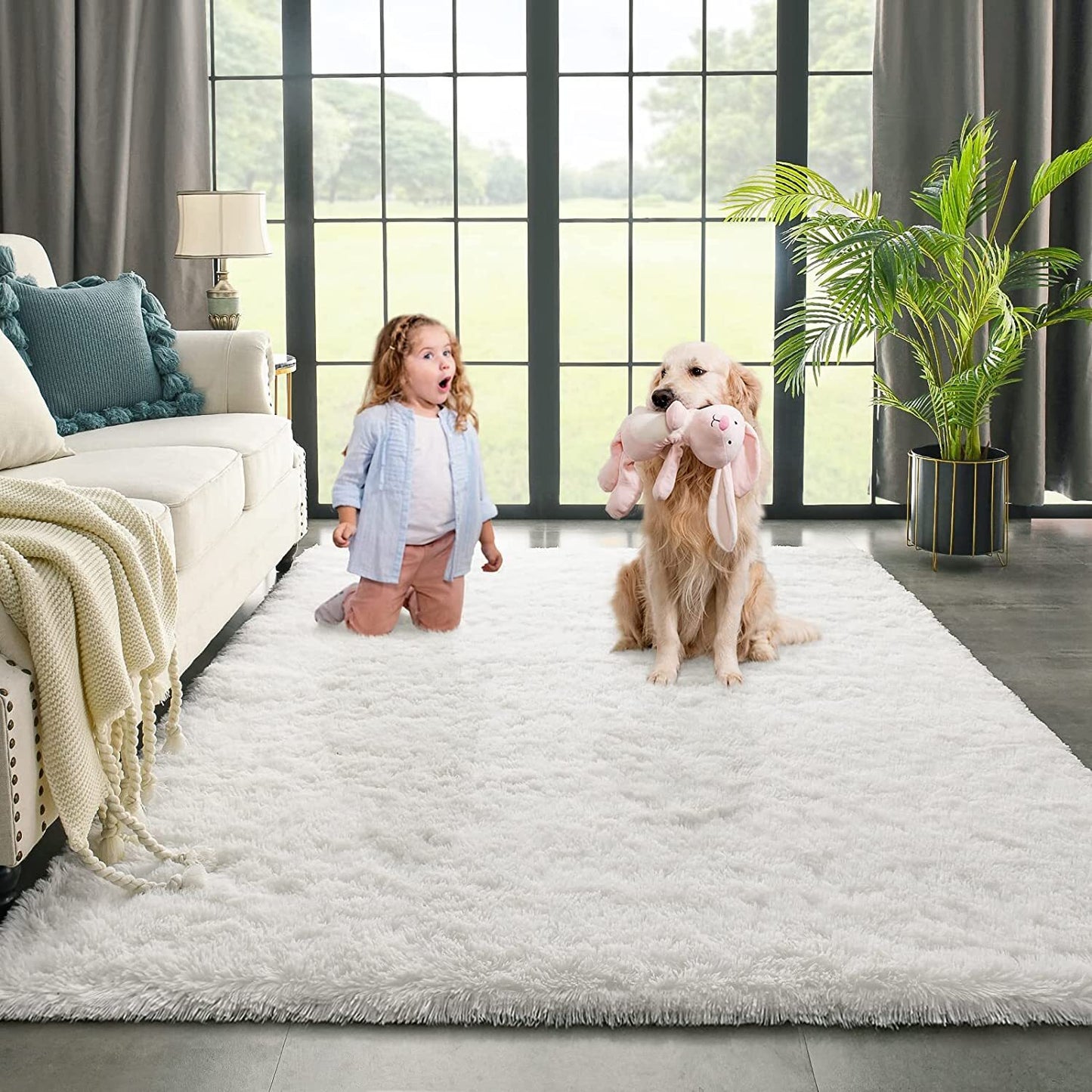 4m Extra Large Soft Shag Rug Carpet Mat (Cream White, 400 x 200)