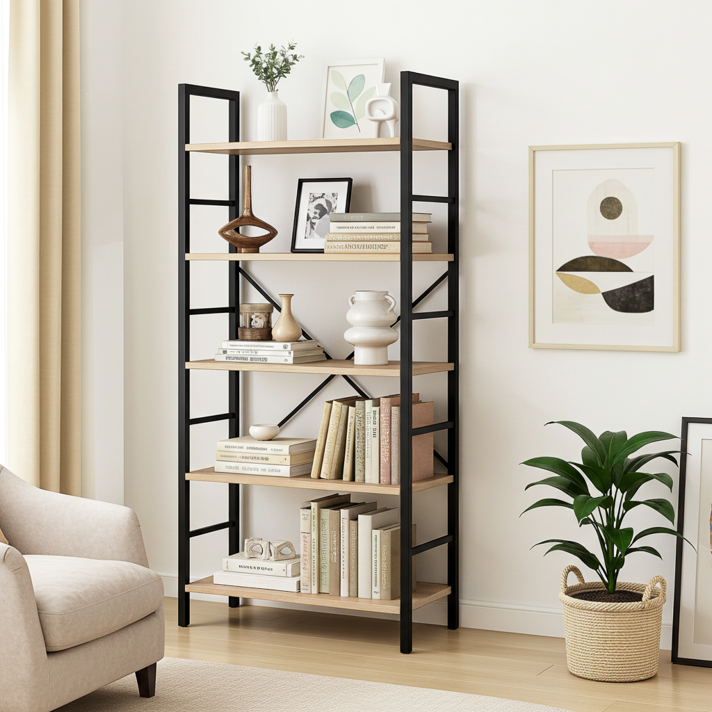 5 Tier Multifunction Heavy Duty Bookcase Wood & Steel Storage Shelf Organizer (Coastal Oak)