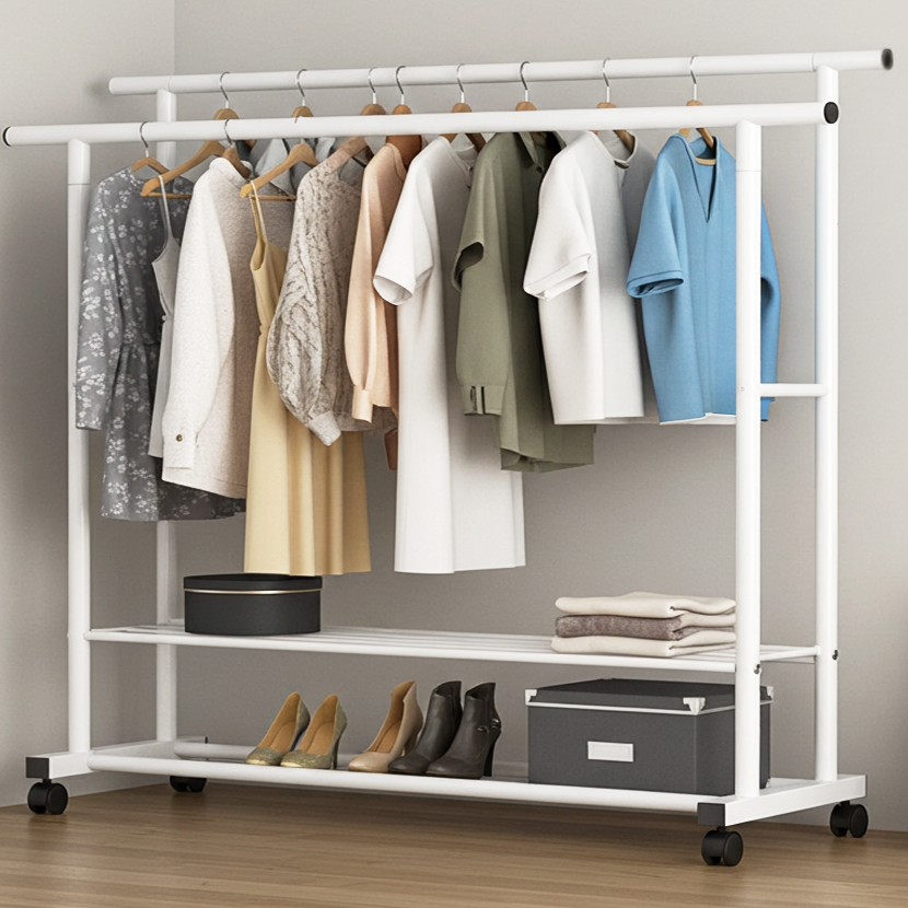 Large 1.5m Wide Double 2-Tier Coat Hanging Stand Wardrobe Clothes Hanger Rack (White)