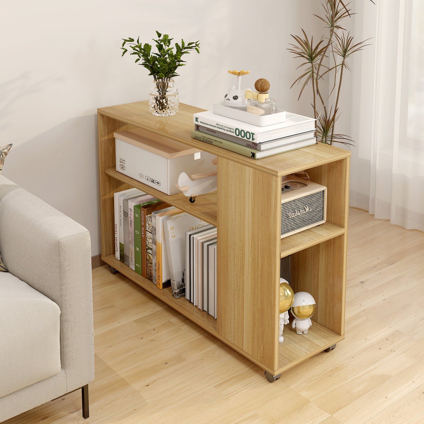 Large Versatile Sofa Side Table & Magazine Shelf with Casters (Oak)