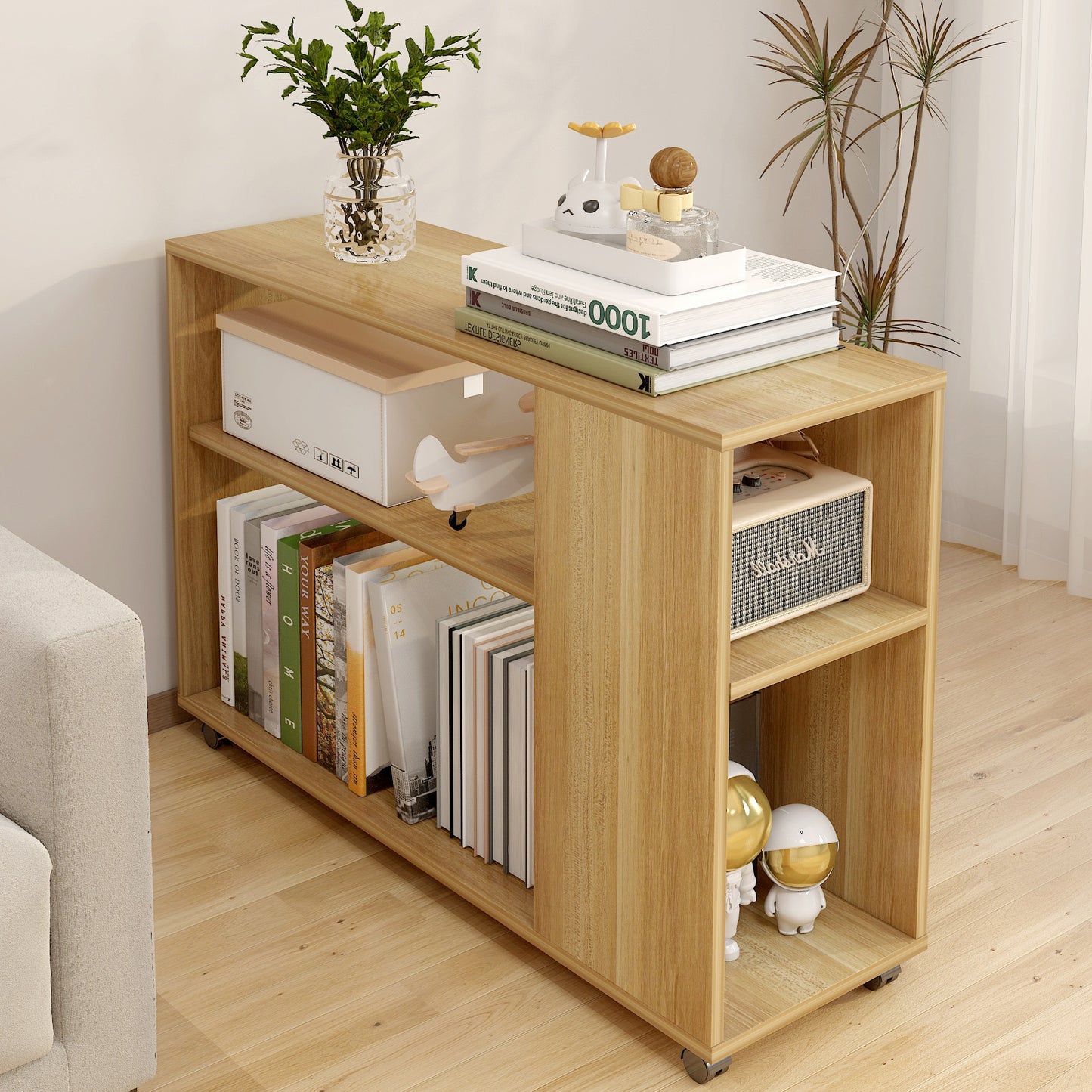 Large Versatile Sofa Side Table & Magazine Shelf with Casters (Oak)