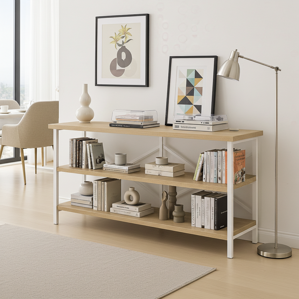 Serenity Industrial Console Table Bookcase TV Stand Storage Shelf Unit (Coastal Oak)