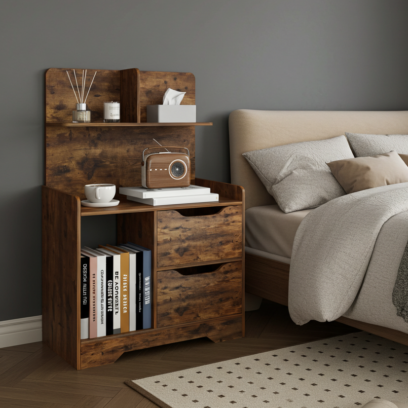 Harmony Tall Rustic Bed Side Table with Chest of Drawers and Shelf