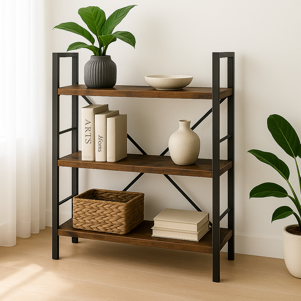 Multifunction Bookcase 3 Tier Rustic Wood Steel Storage Shelf Organizer