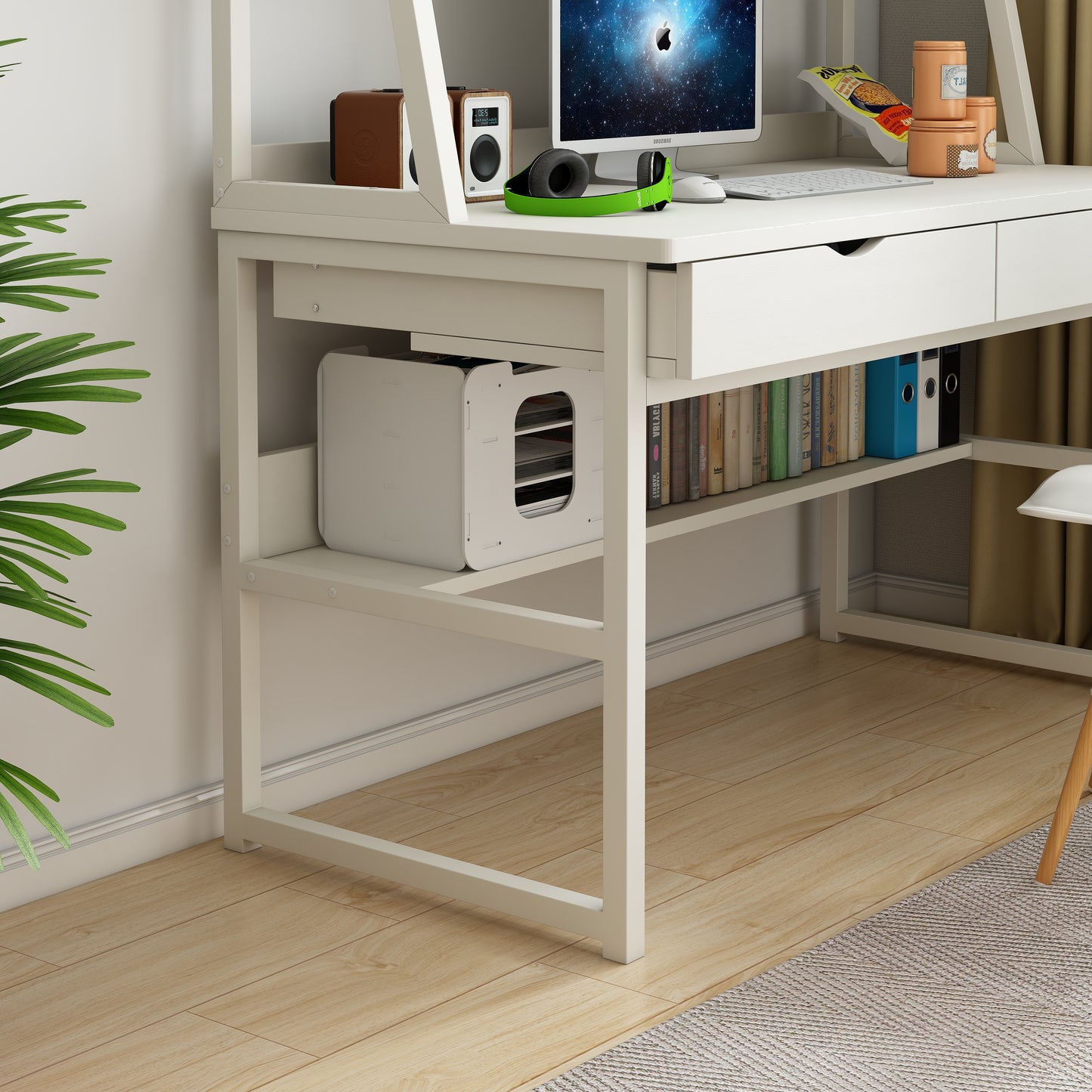 Enterprise Large Computer Desk Workstation with Shelves & Drawers (White)