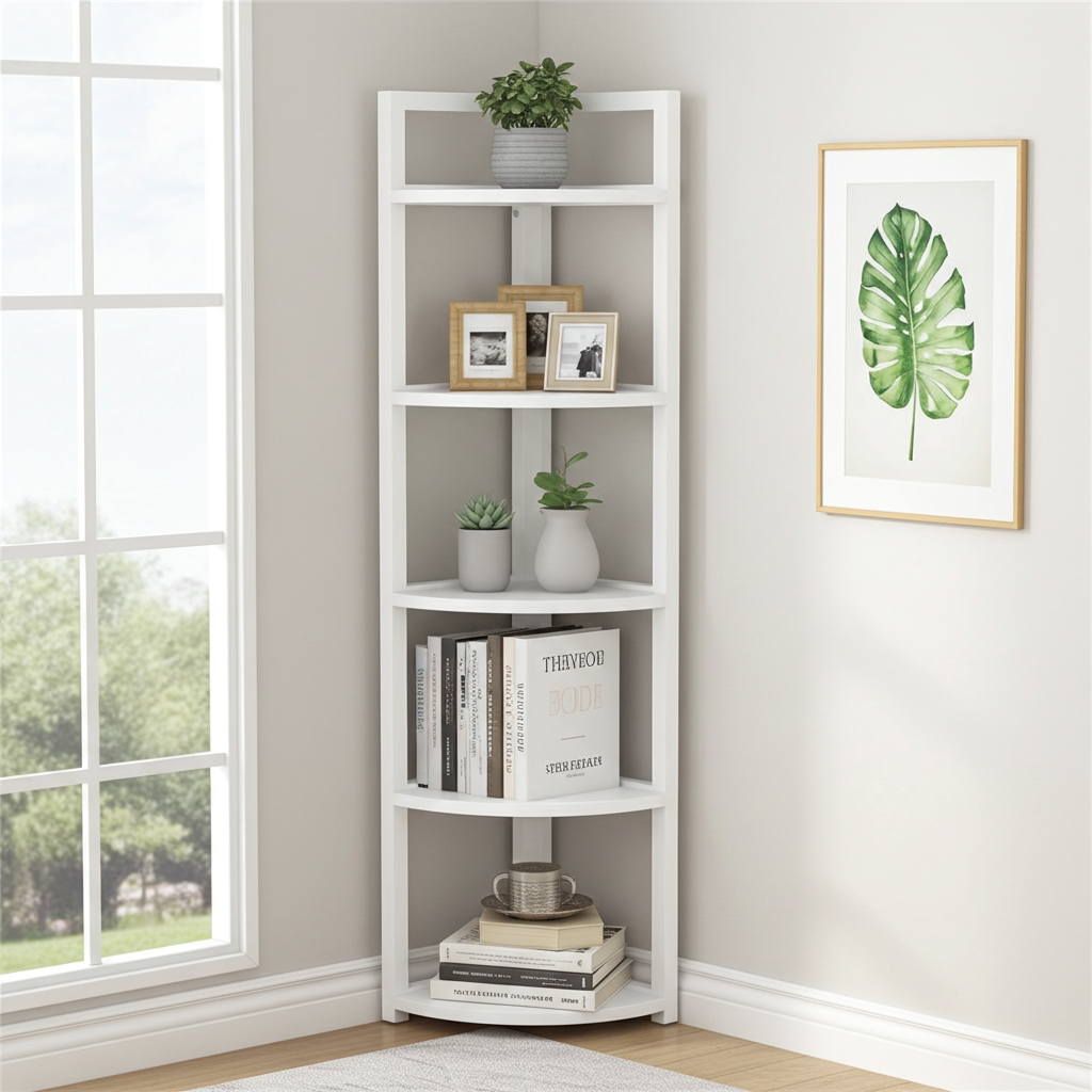 Optima 5 Tier Wood & Steel Corner Shelf Organizer Unit (White)
