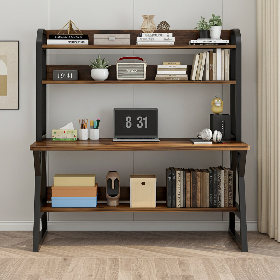 Aspire Large Industrial Office Computer Desk Workstation with Bookshelf (Rustic Wood)