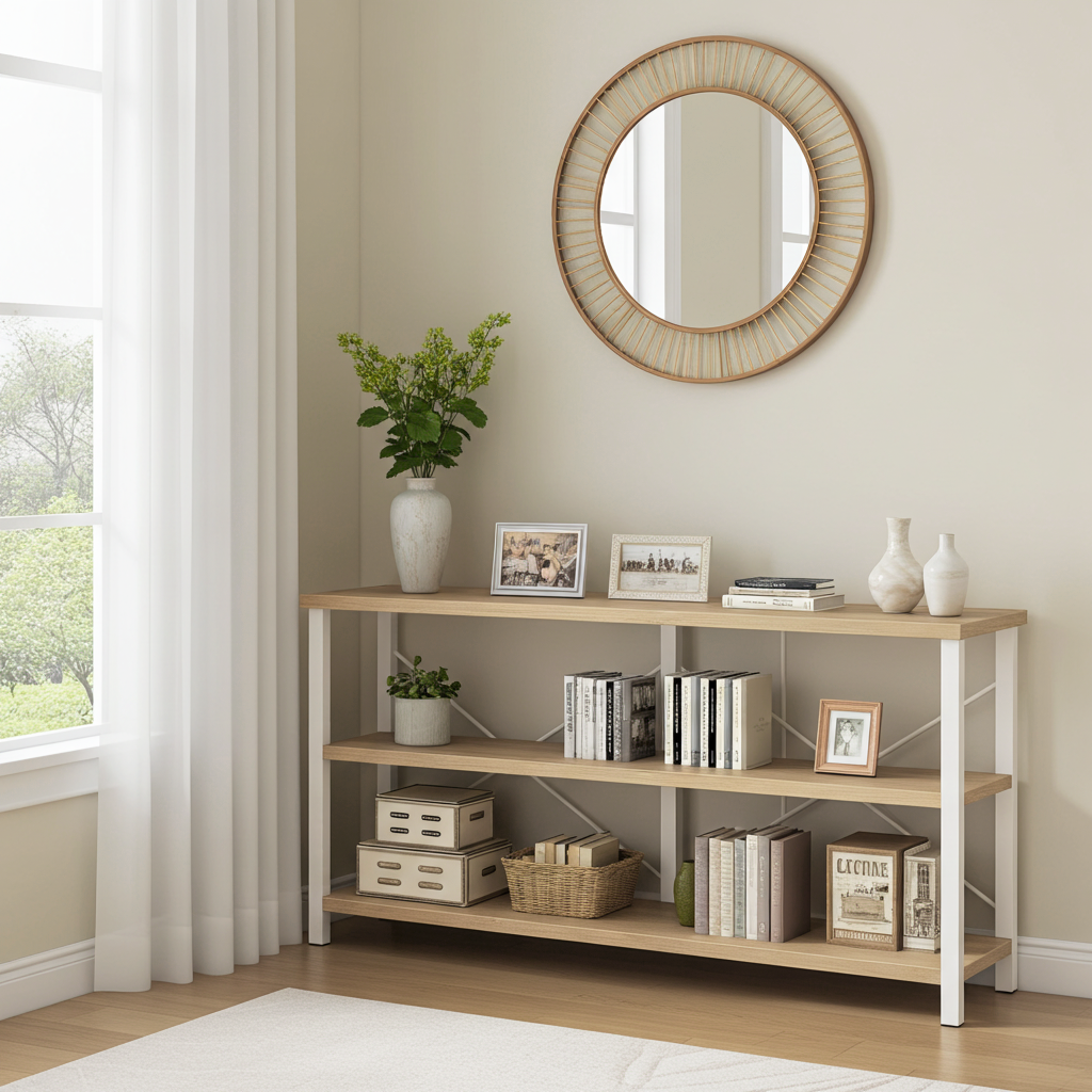 Serenity Industrial Console Table Bookcase TV Stand Storage Shelf Unit (Coastal Oak)