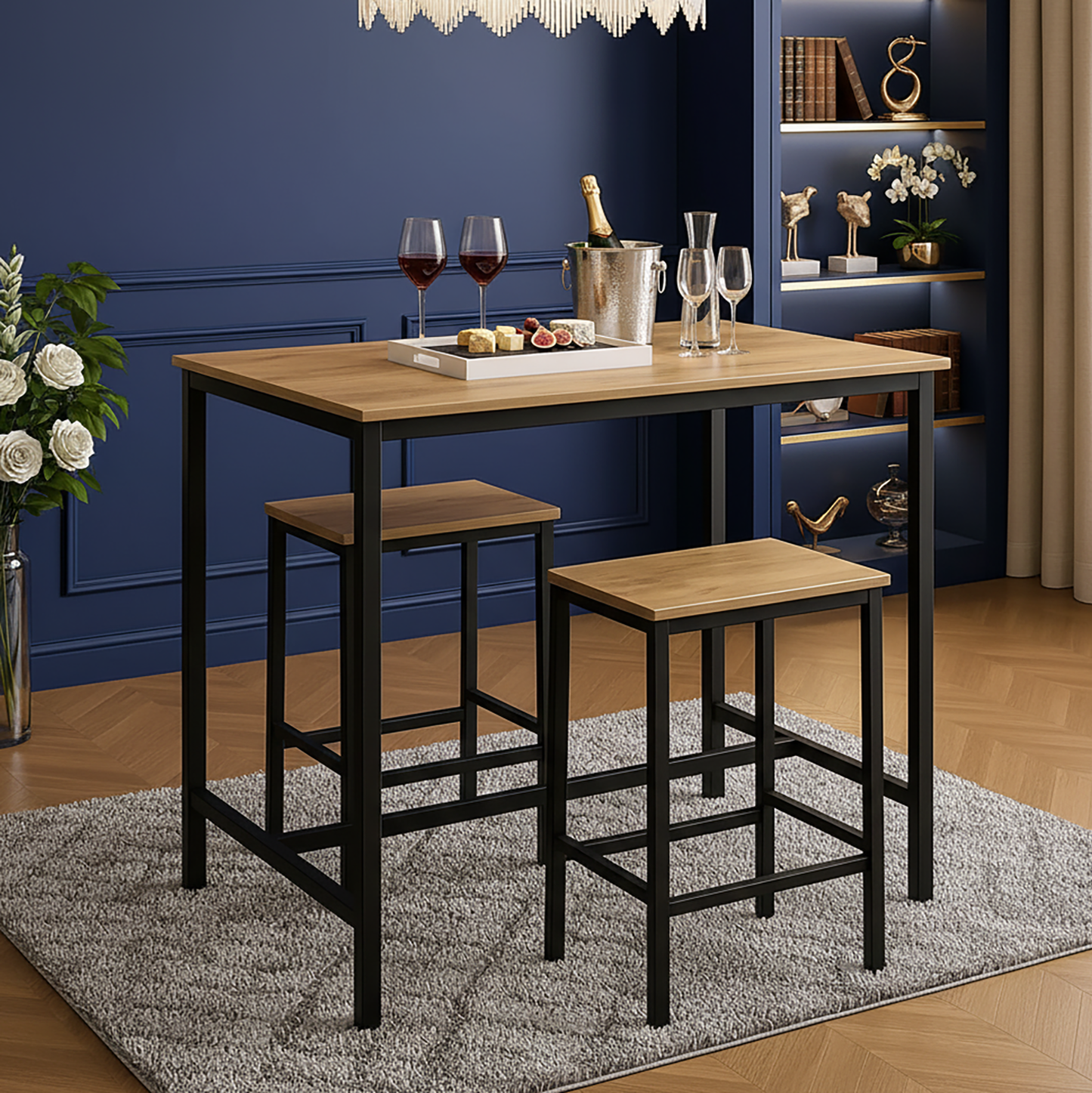 3 Piece Grandeur Premium Wood & Steel Bar Table and Stools Dinning Set (Rustic Oak)