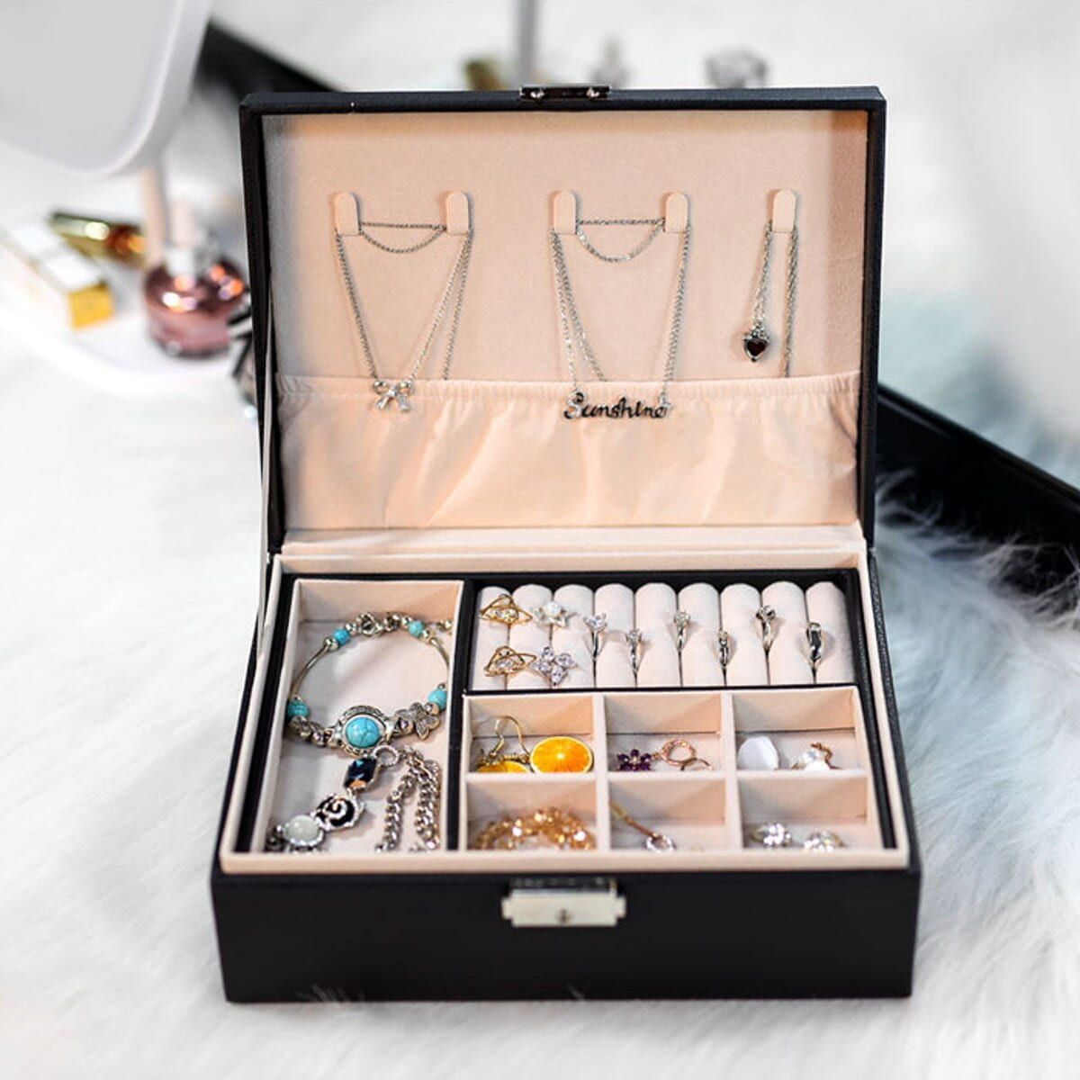 Deluxe PU Leather Jewellery Box Storage Case Organiser (Black)