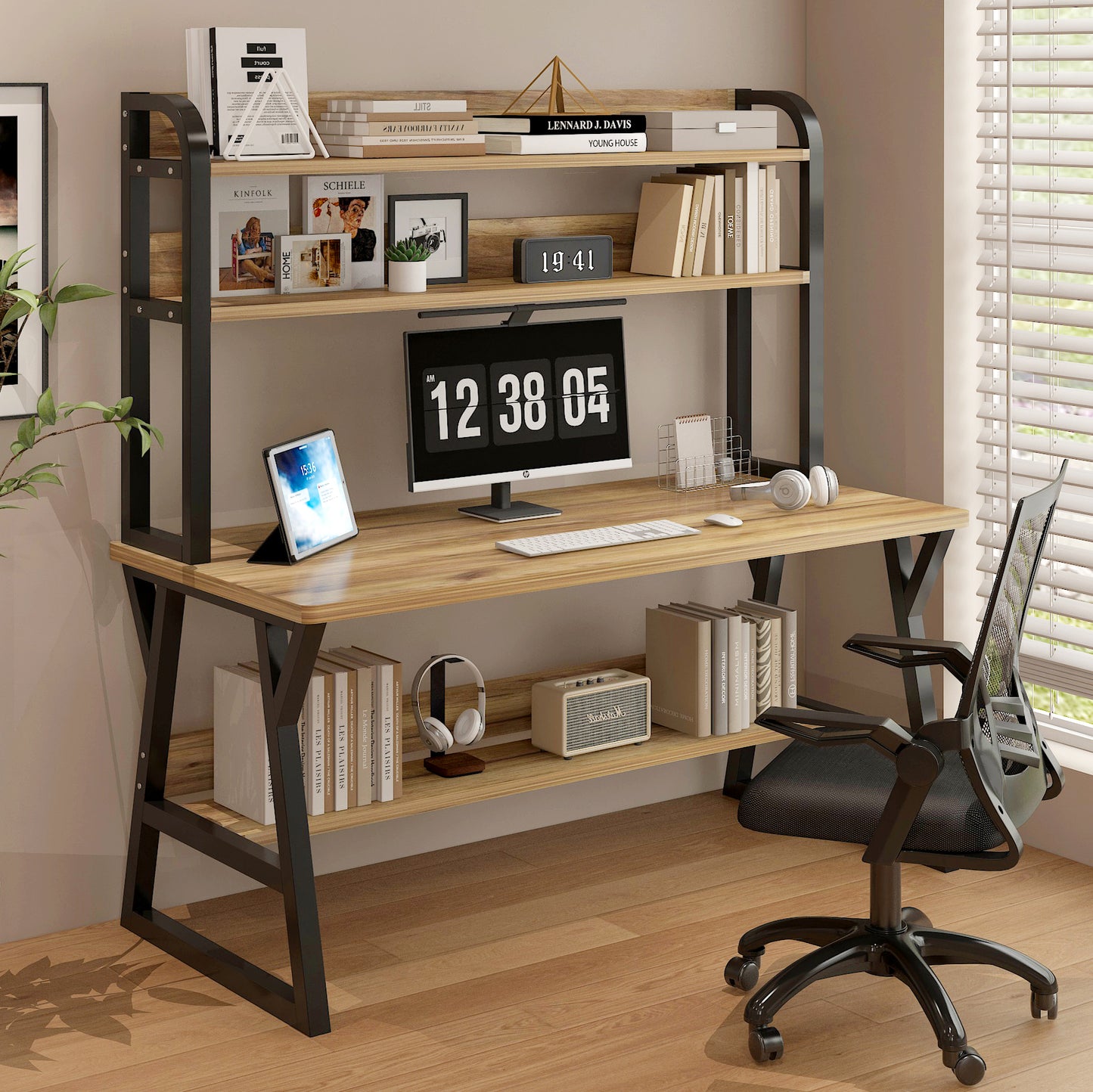 Aspire Large Industrial Office Computer Desk Workstation with Bookshelf (Oak)