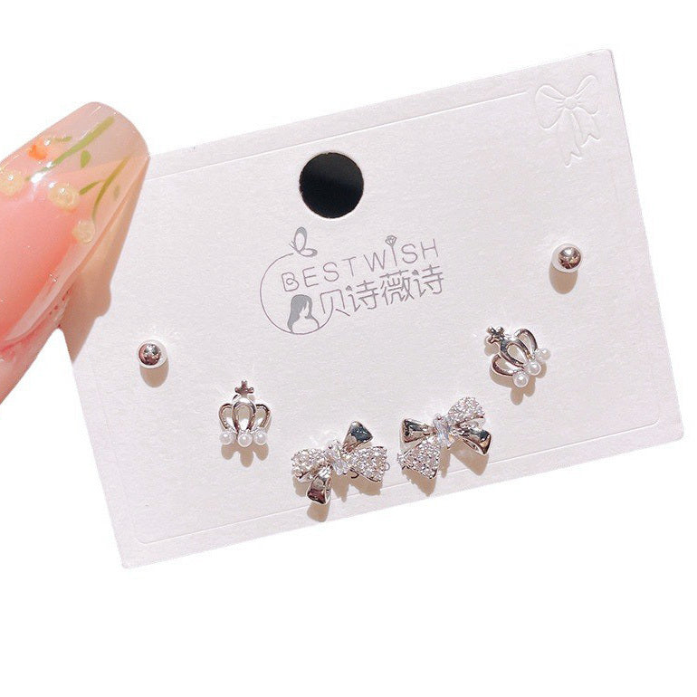 3 Pairs Enchanted Bow and Crown Sterling Silver Stud Earrings Set