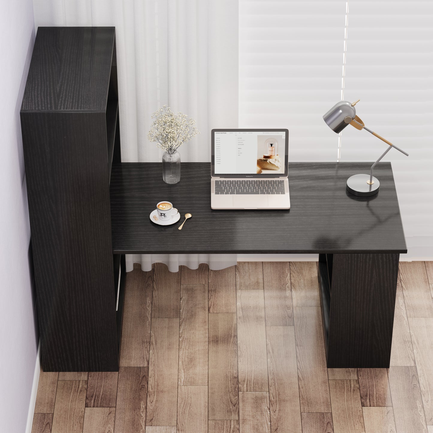 Varossa's Organizer Combination Workstation Computer Desk with 6 Storage Shelves (Black Wood)