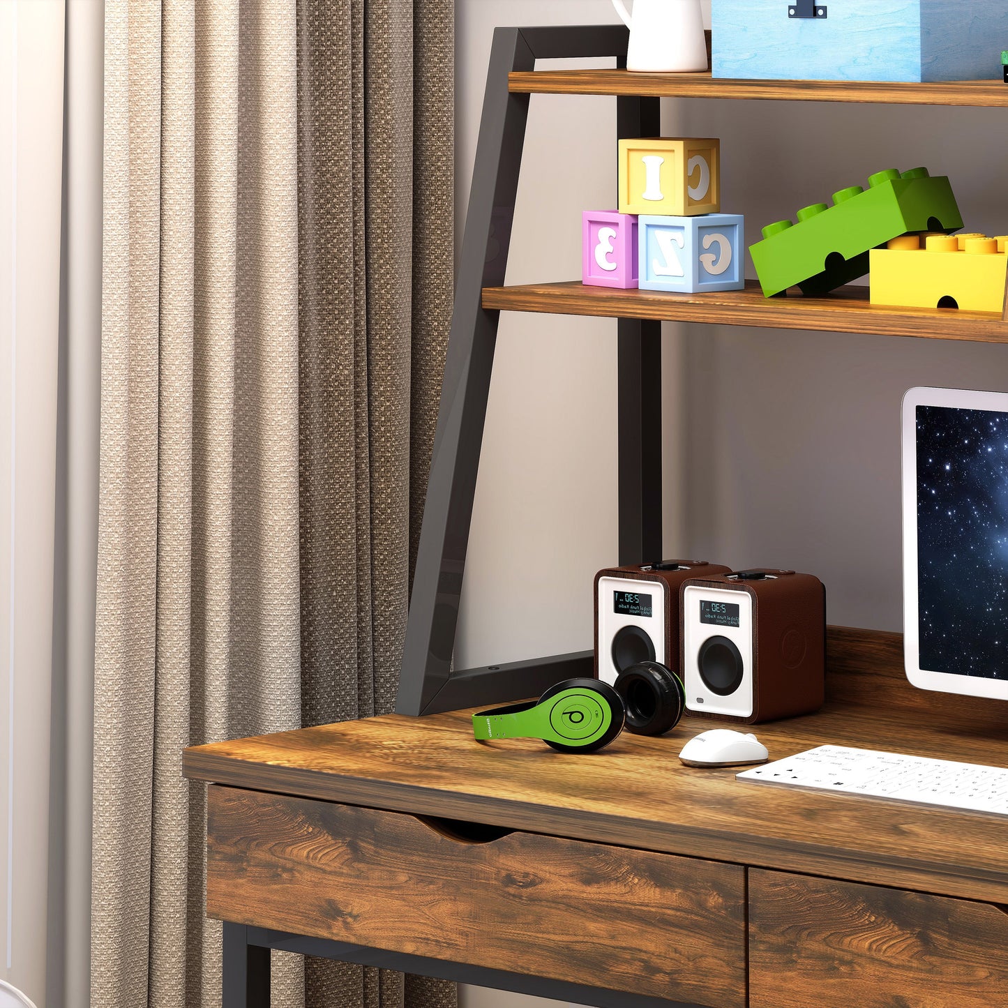 Enterprise Large Computer Desk Workstation with Shelves & Drawers (Rustic Wood)