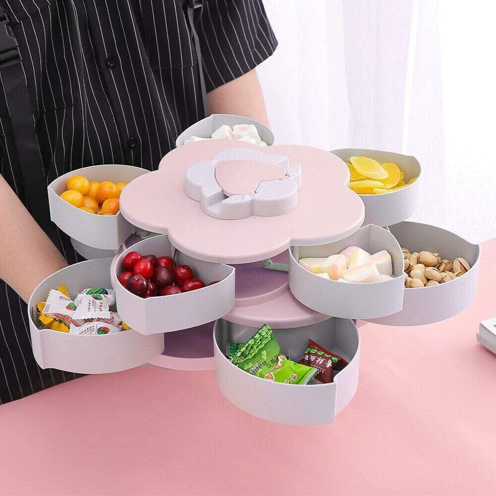 Multilayer Flower 10 Containers Snack Fruit Bowl Rotating Food Tray (Pink)