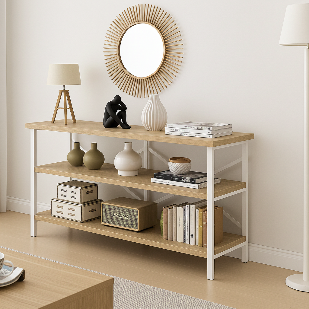 Serenity Industrial Console Table Bookcase TV Stand Storage Shelf Unit (Coastal Oak)