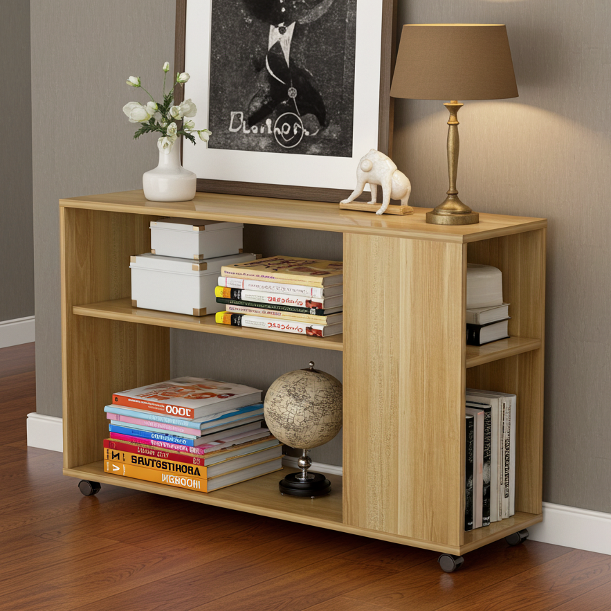 Large Versatile Sofa Side Table & Magazine Shelf with Casters (Oak)