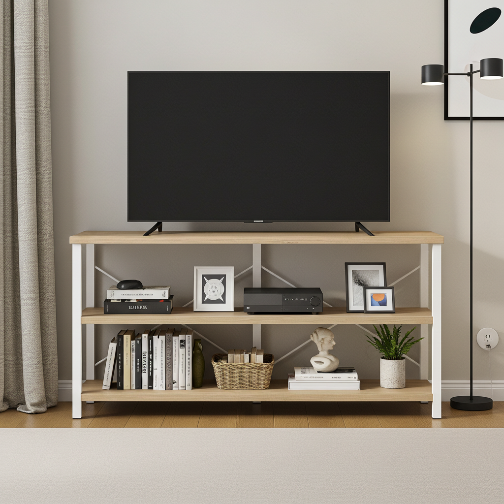 Serenity Industrial Console Table Bookcase TV Stand Storage Shelf Unit (Coastal Oak)