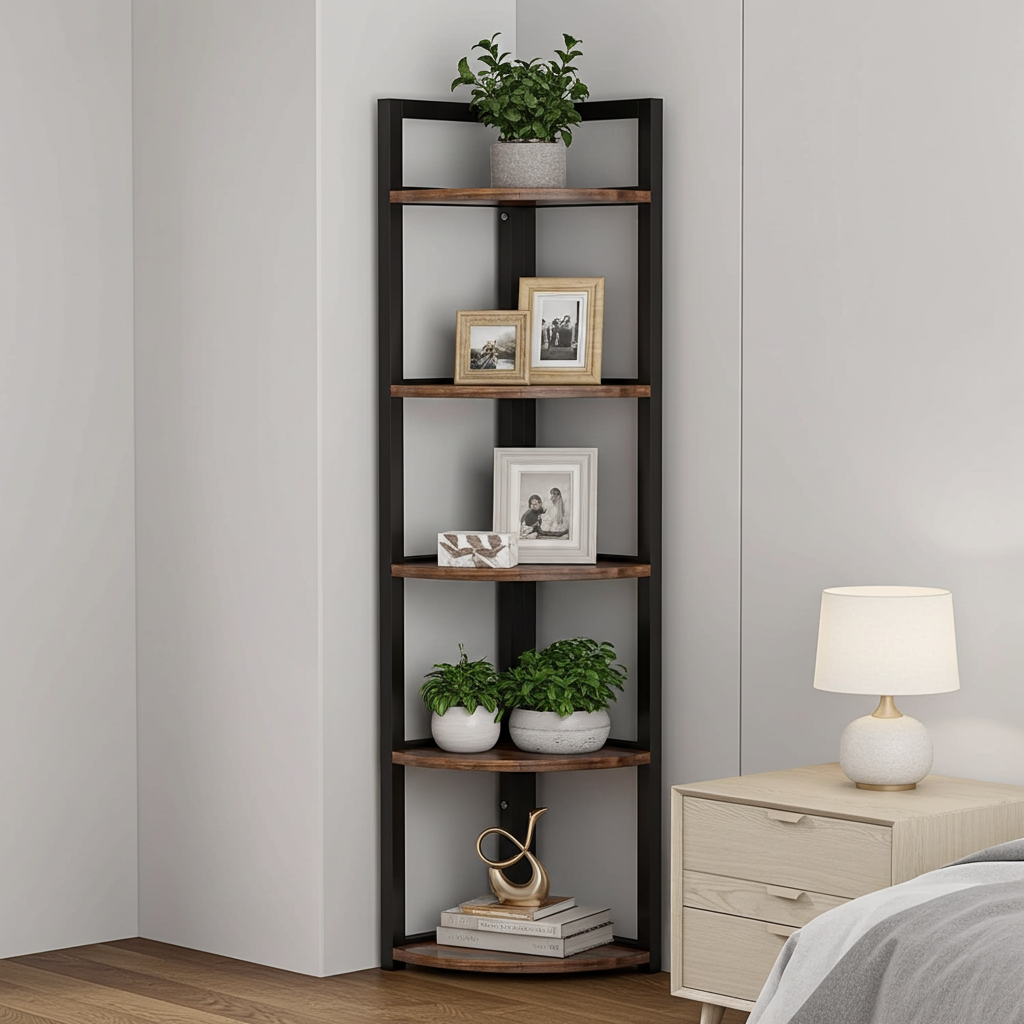 Optima 5 Tier Rustic Wood & Steel Corner Shelf Organizer Unit