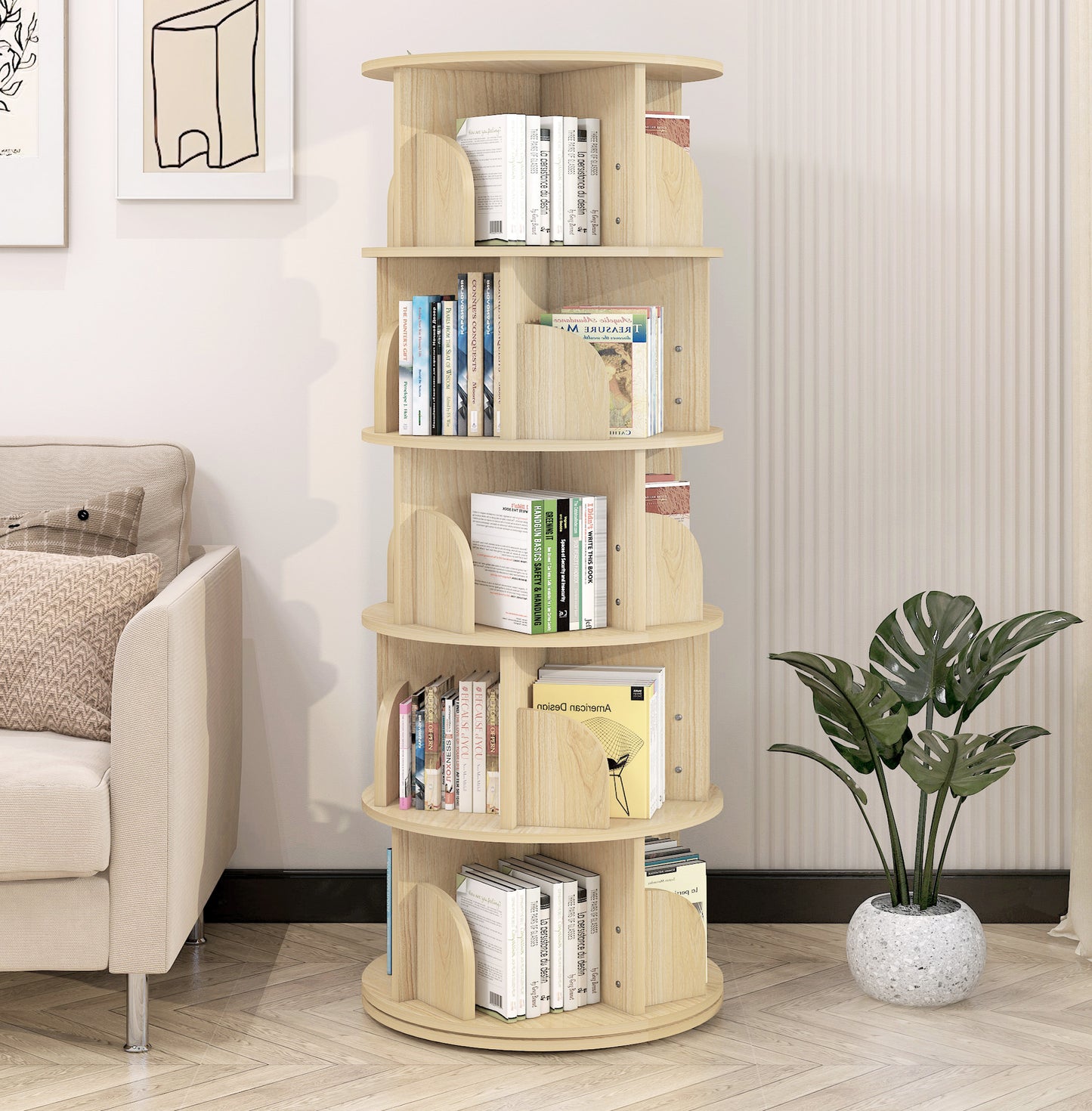 Sanctuary 360-degree Rotating 5 Tier Display Shelf Bookcase Organiser (Coastal Oak)