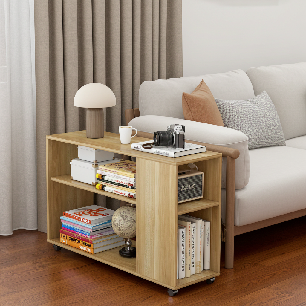 Large Versatile Sofa Side Table & Magazine Shelf with Casters (Oak)