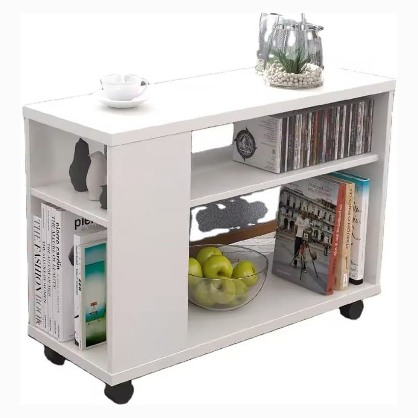 Versatile Sofa Side Table & Magazine Shelf with Casters (White)