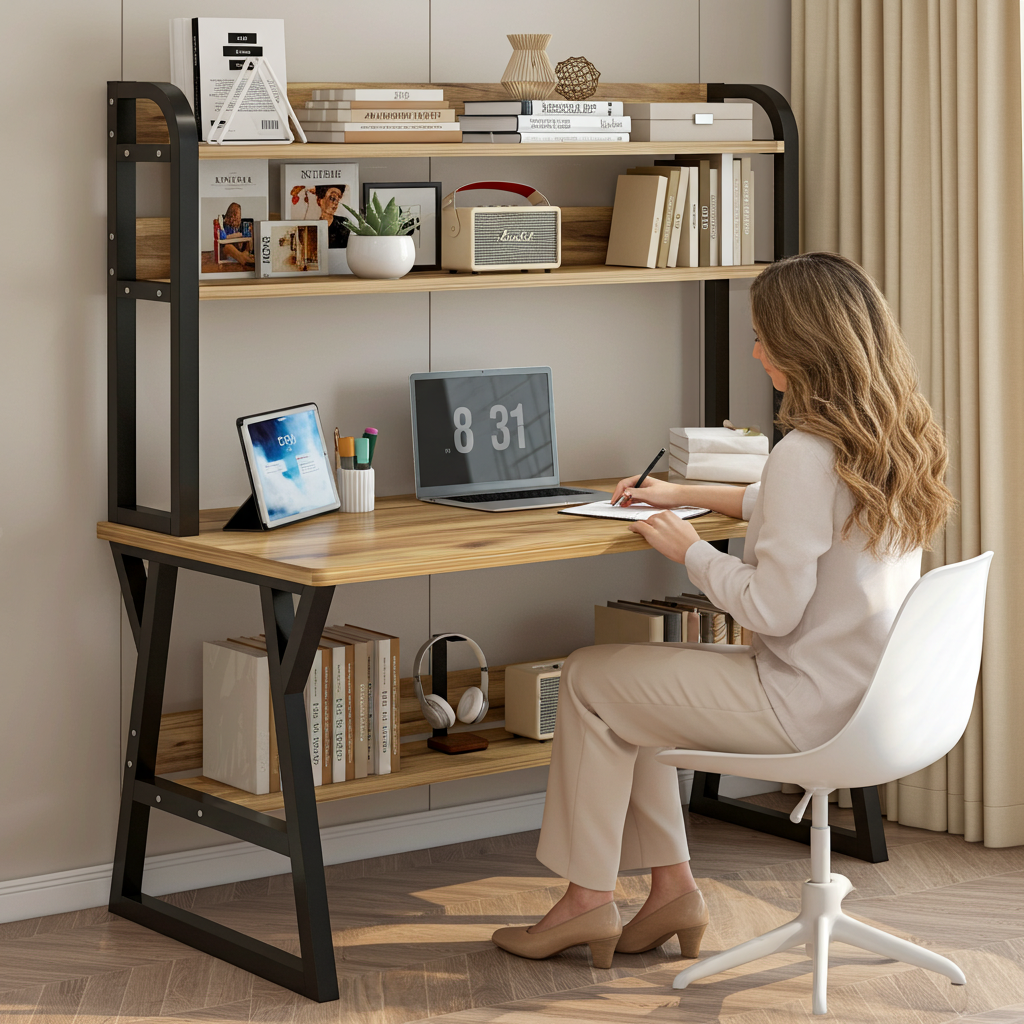 Aspire Large Industrial Office Computer Desk Workstation with Bookshelf (Oak)