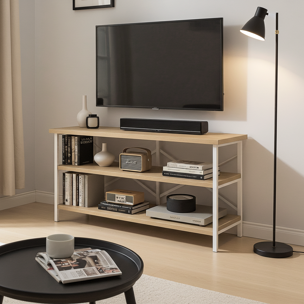 Serenity Industrial Console Table Bookcase TV Stand Storage Shelf Unit (Coastal Oak)