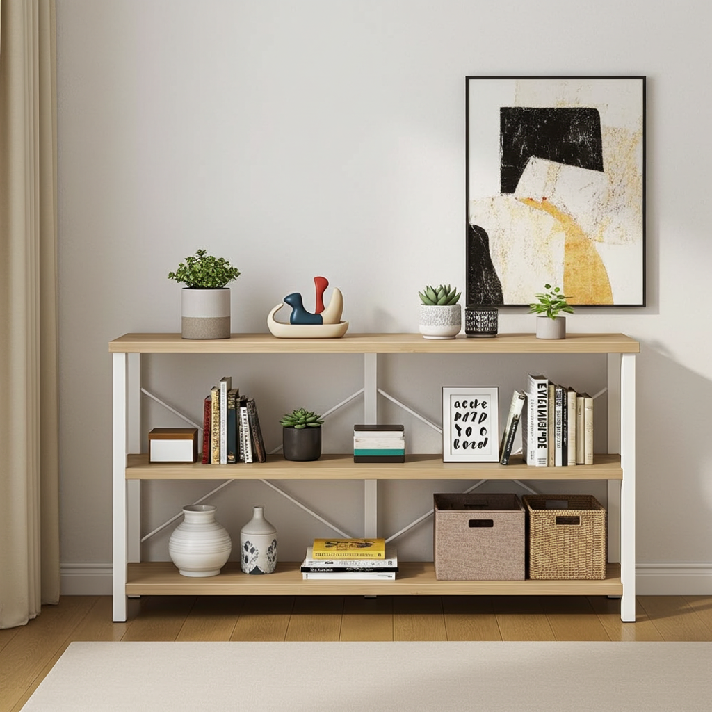 Serenity Industrial Console Table Bookcase TV Stand Storage Shelf Unit (Coastal Oak)