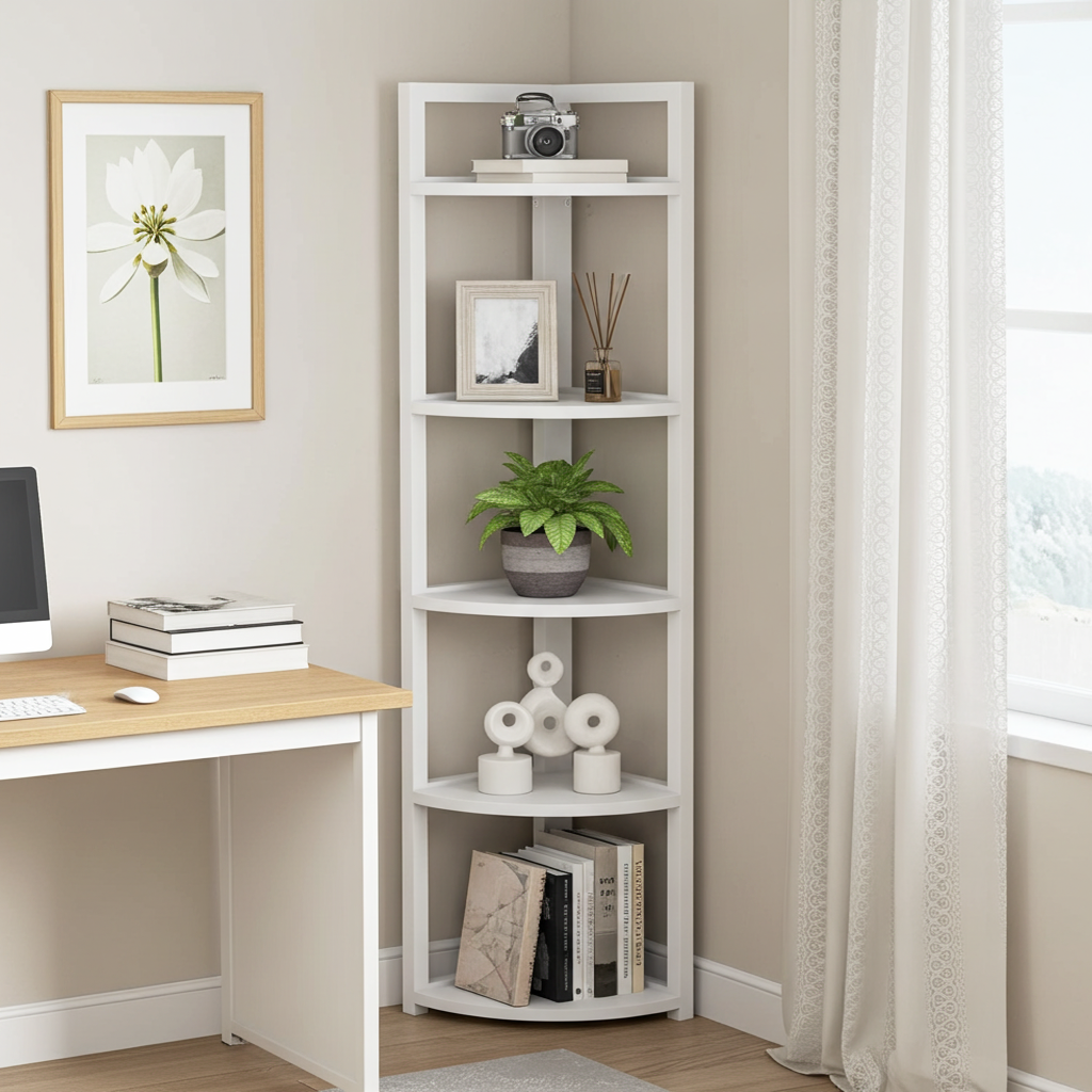 Optima 5 Tier Wood & Steel Corner Shelf Organizer Unit (White)