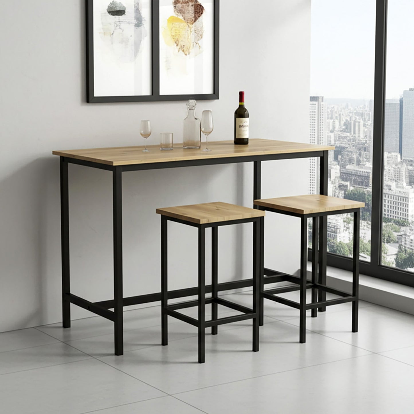 3 Piece Grandeur Premium Wood & Steel Bar Table and Stools Dinning Set (Rustic Oak)