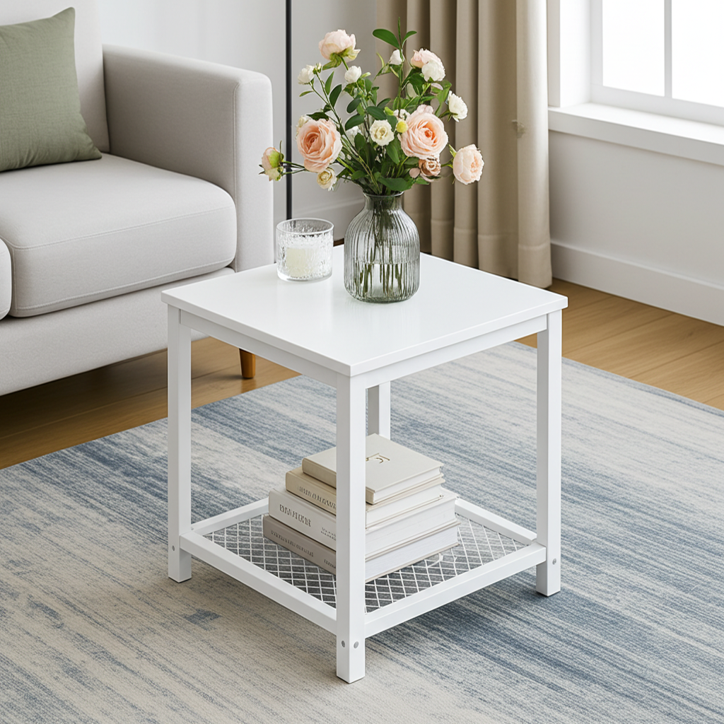 Loft White Industrial Wood & Steel Side Table with Storage Shelf