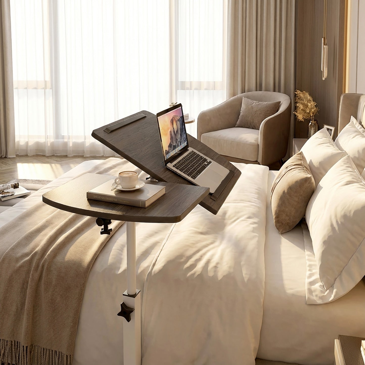 Motif 2-in-1 Adjustable Portable Sofa Bed Side Table Laptop Desk with Wheels (Rustic Grey)