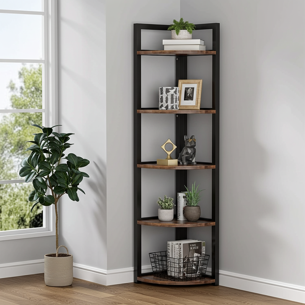 Optima 5 Tier Rustic Wood & Steel Corner Shelf Organizer Unit