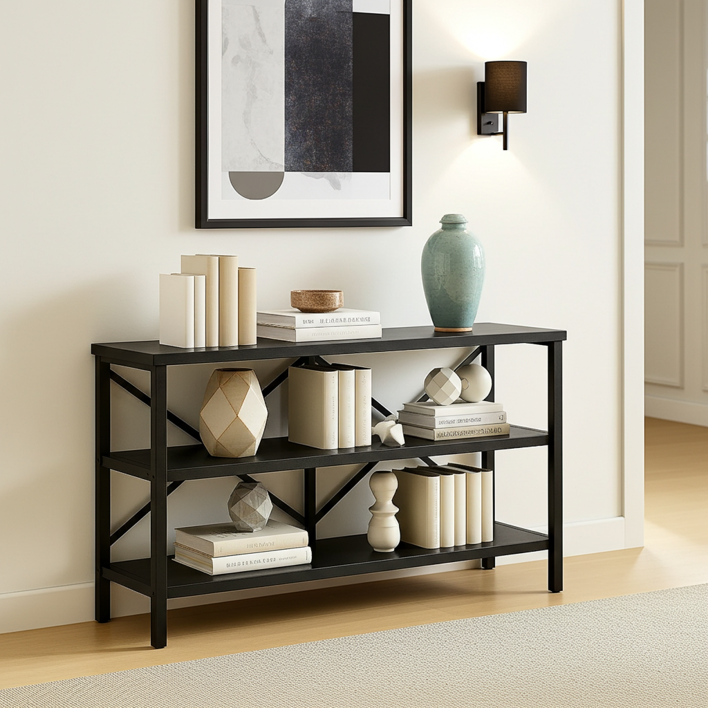 Serenity Industrial Console Table Bookcase TV Stand Storage Shelf Unit (Black)