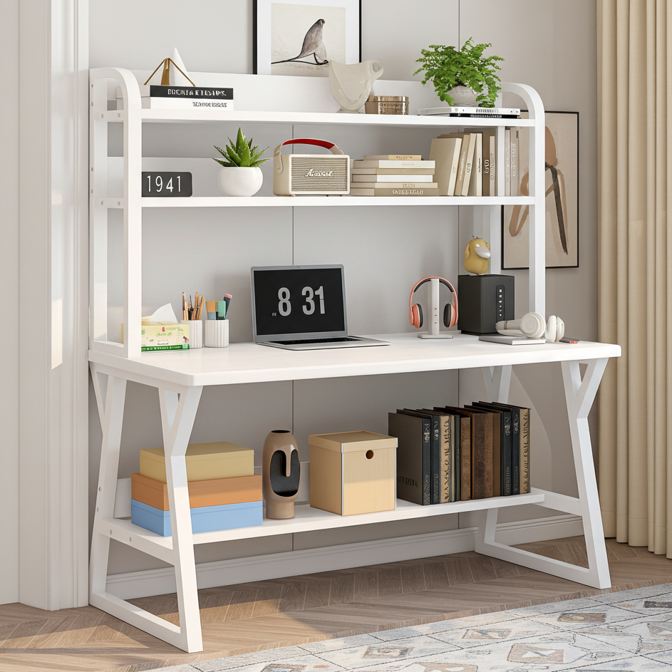 Aspire Large Industrial Office Computer Desk Workstation with Bookshelf (White)