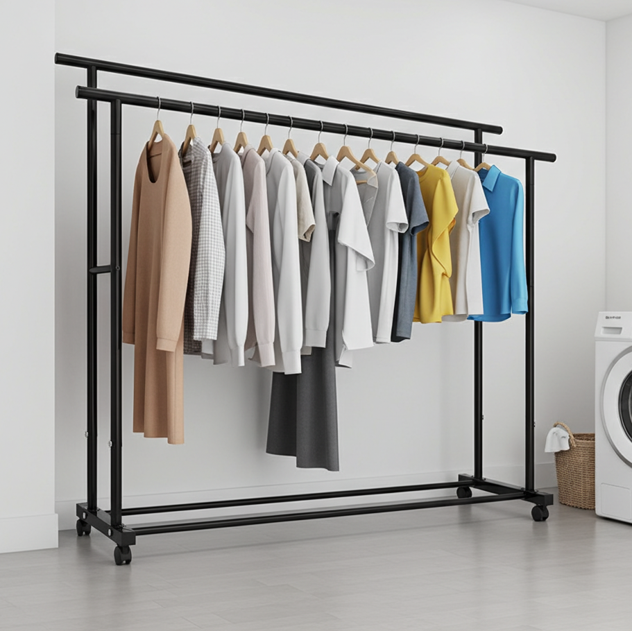 Large 1.5m Wide Double Coat Hanging Stand Wardrobe Clothes Hanger Rack (Black)