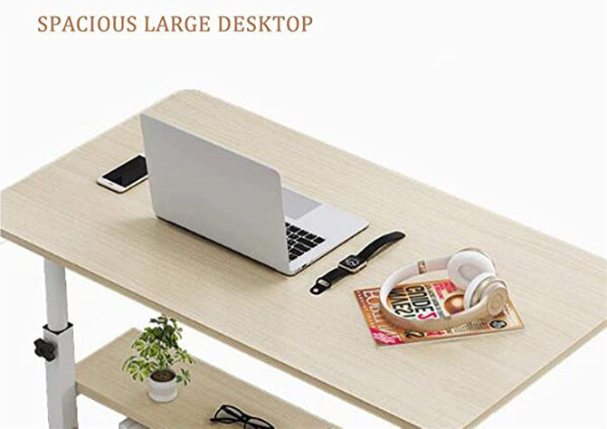 Calibre 2-tier Sofa Bed Side Table Laptop Desk with Shelves and Wheels (White)