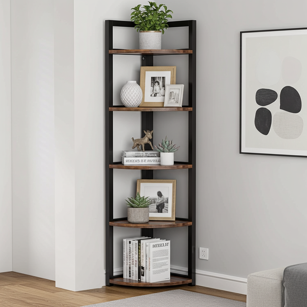 Optima 5 Tier Rustic Wood & Steel Corner Shelf Organizer Unit