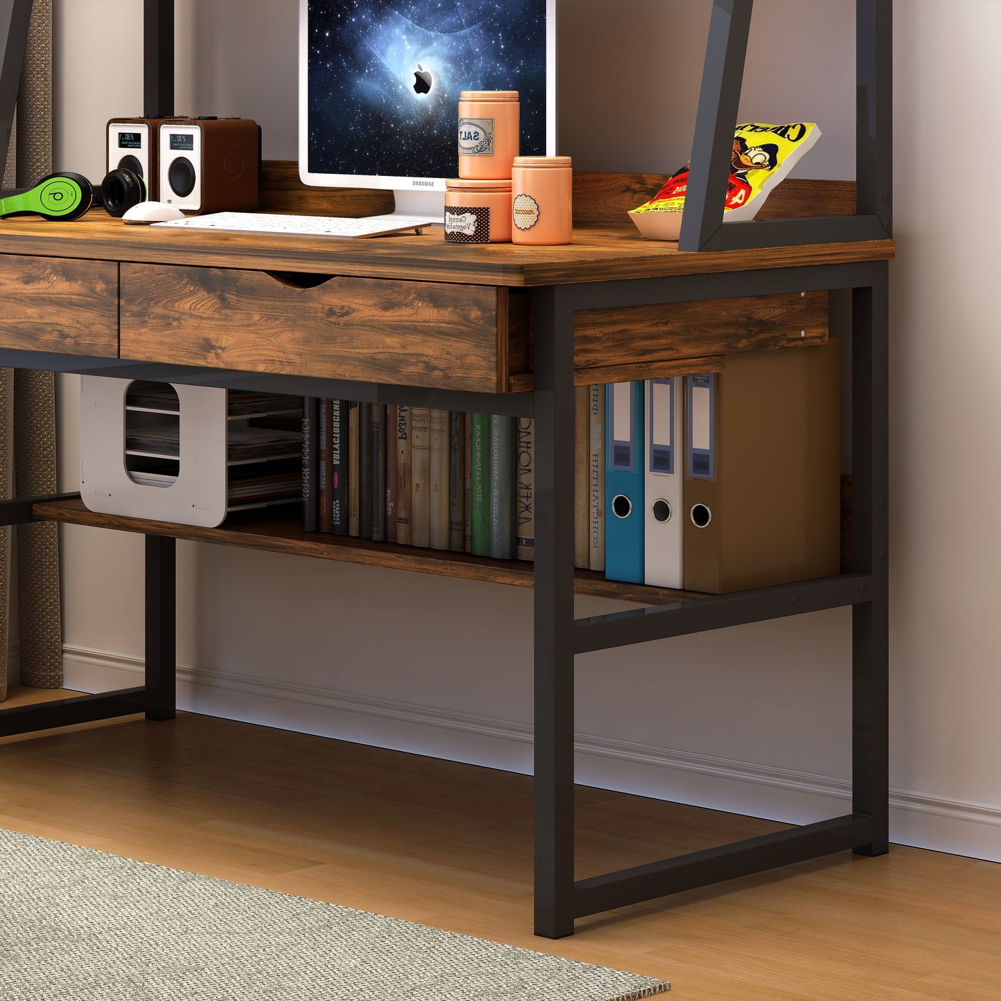 Enterprise Large Computer Desk Workstation with Shelves & Drawers (Rustic Wood)