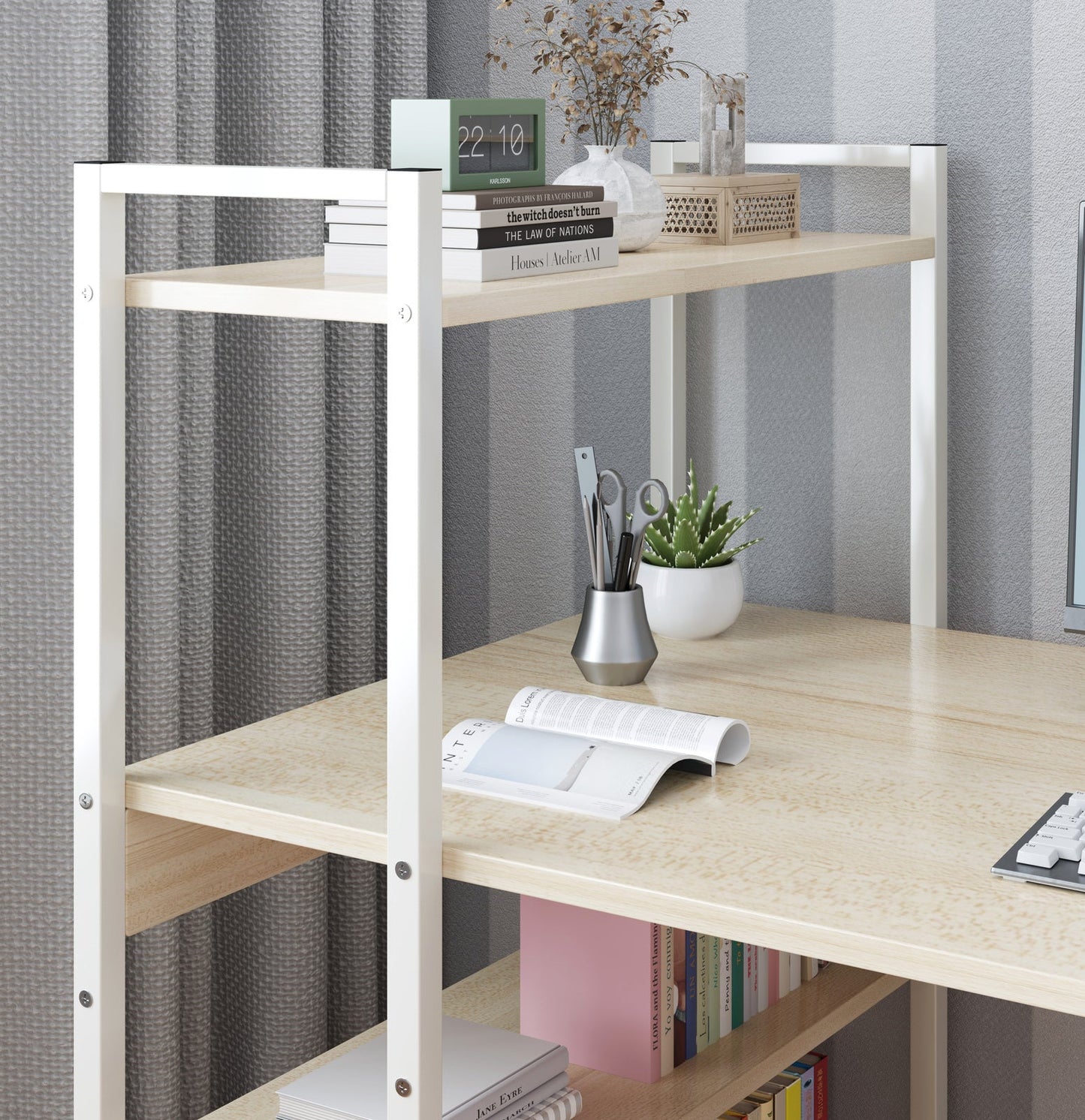 Exceeder Large Workstation Wood & Steel Computer Desk with Storage Shelves (White Oak)