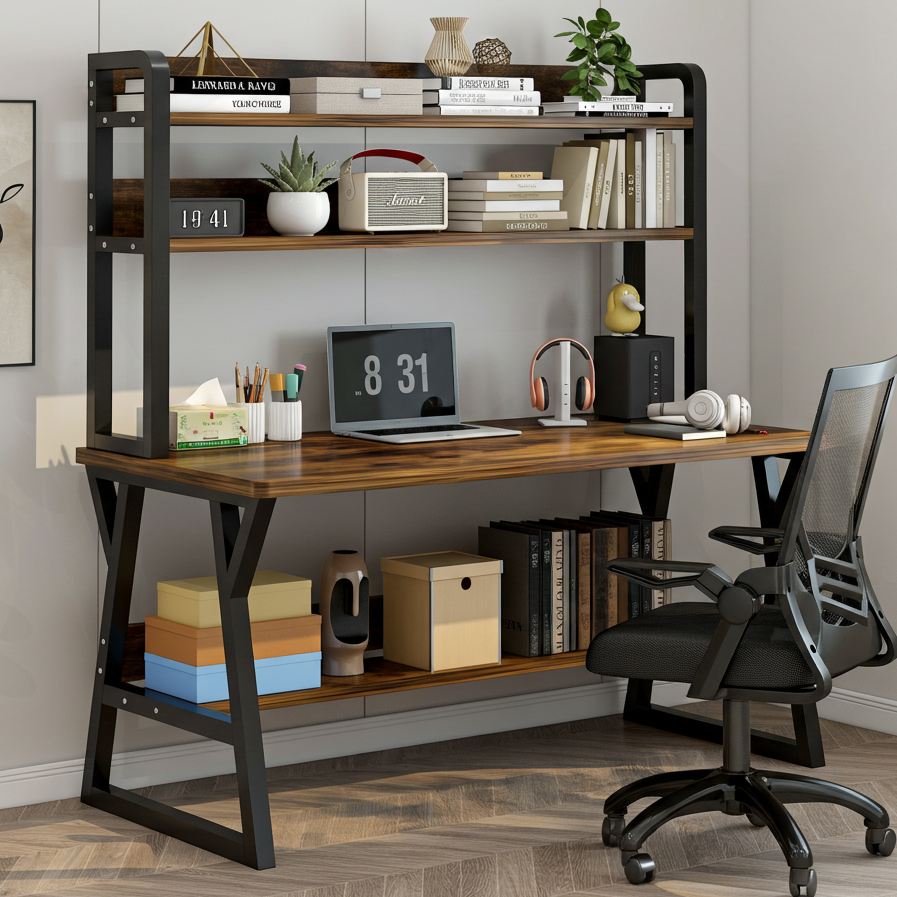Aspire Large Industrial Office Computer Desk Workstation with Bookshelf (Rustic Wood)