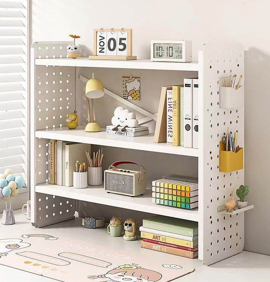 Multifunction Wooden Metal Desktop Bookshelf Pegboard Organizer Rack (White)