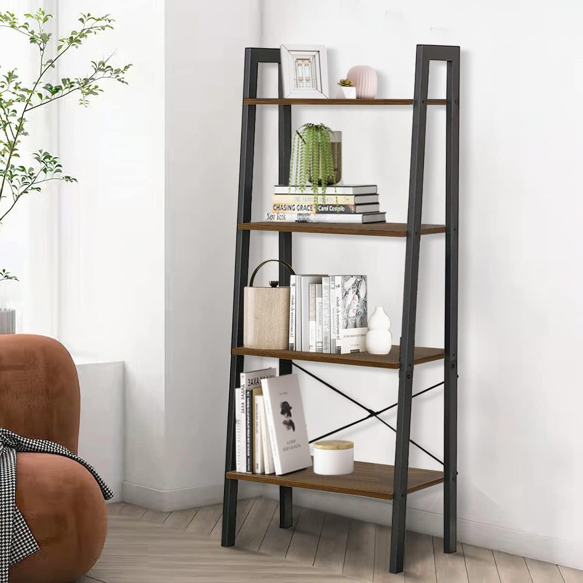 Elevate Rustic Wood & Metal 4-Tier Ladder Shelf Bookcase Storage Organizer