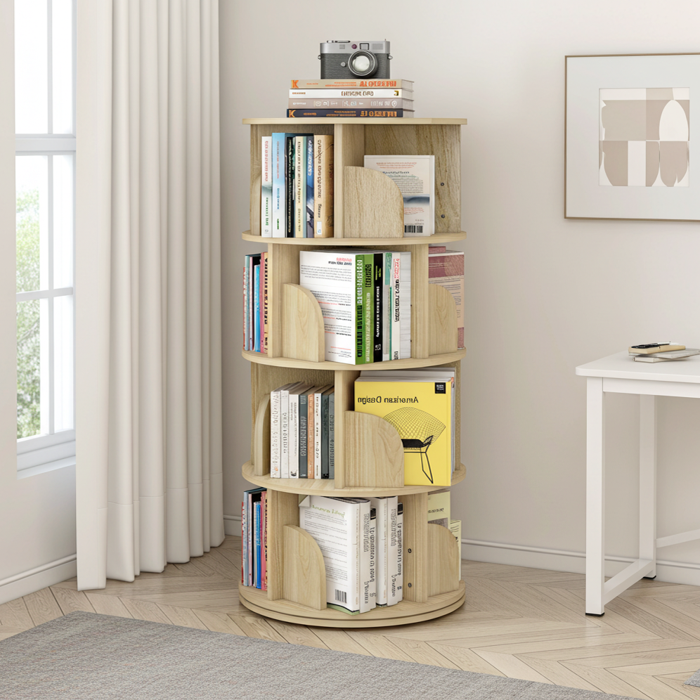 Sanctuary 360-degree Rotating 4 Tier Display Shelf Bookcase Organiser (Coastal Oak)